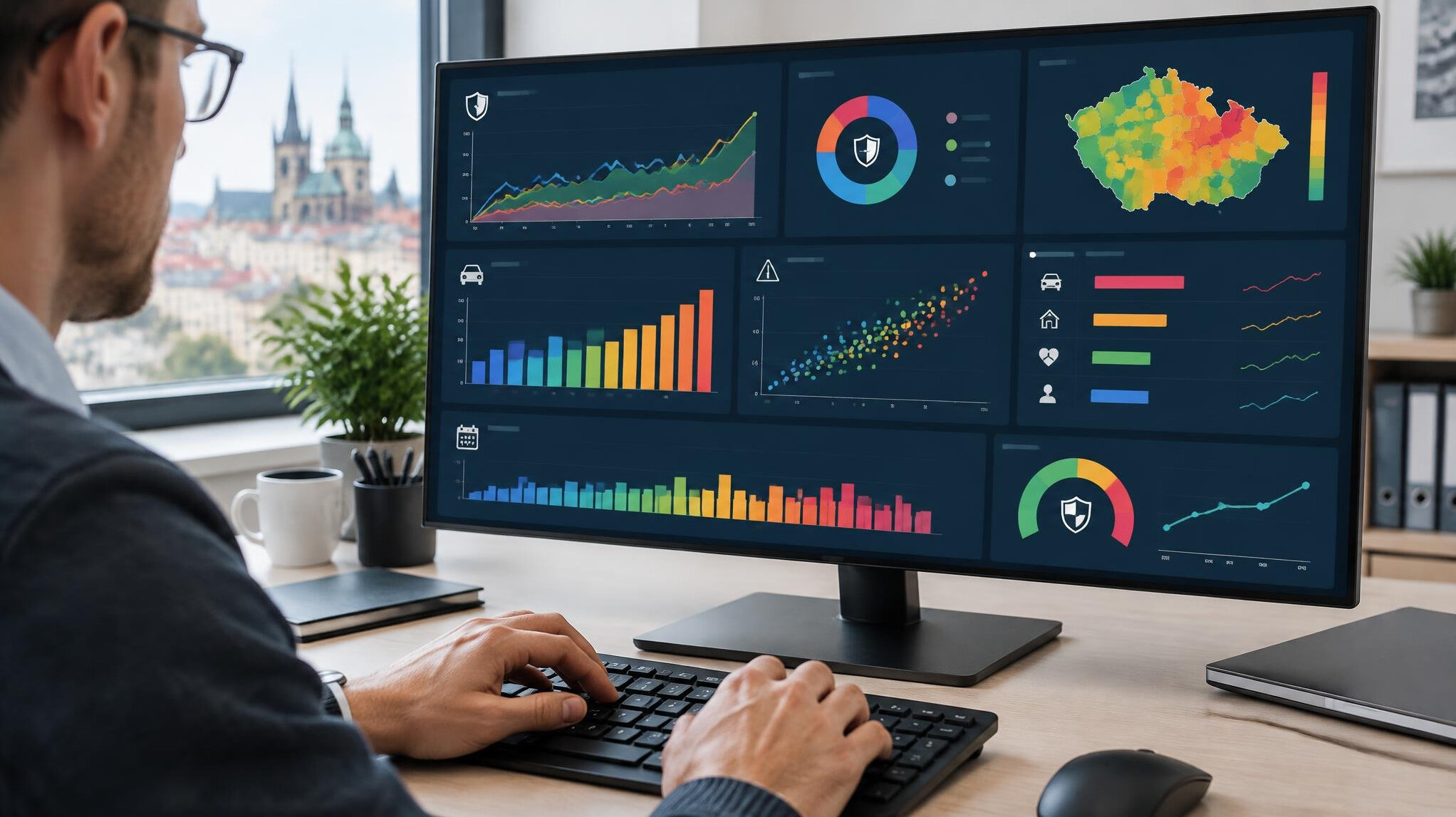 Analyst reviewing risk analytics charts on a monitor