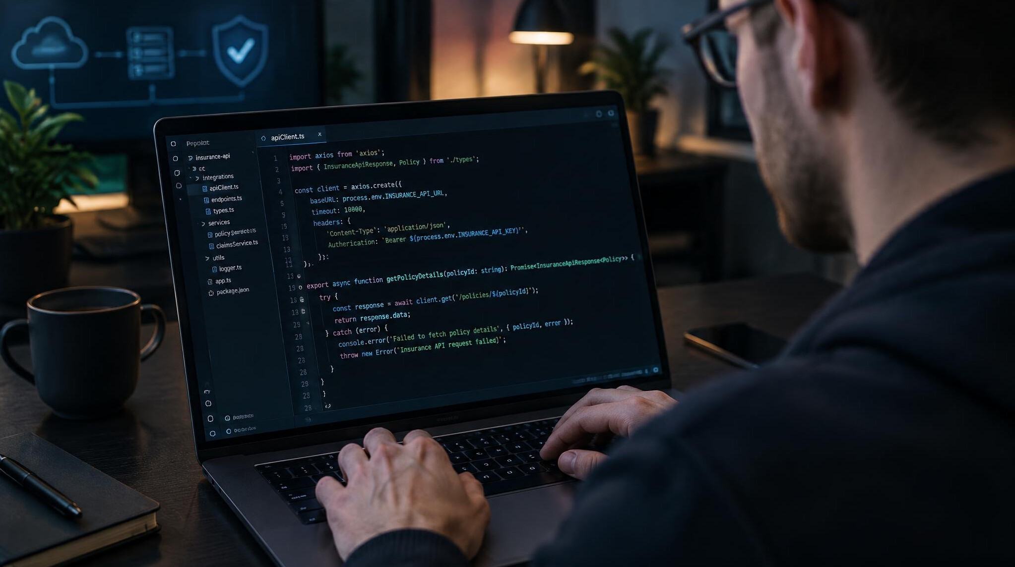 Developer coding software integrations on a laptop