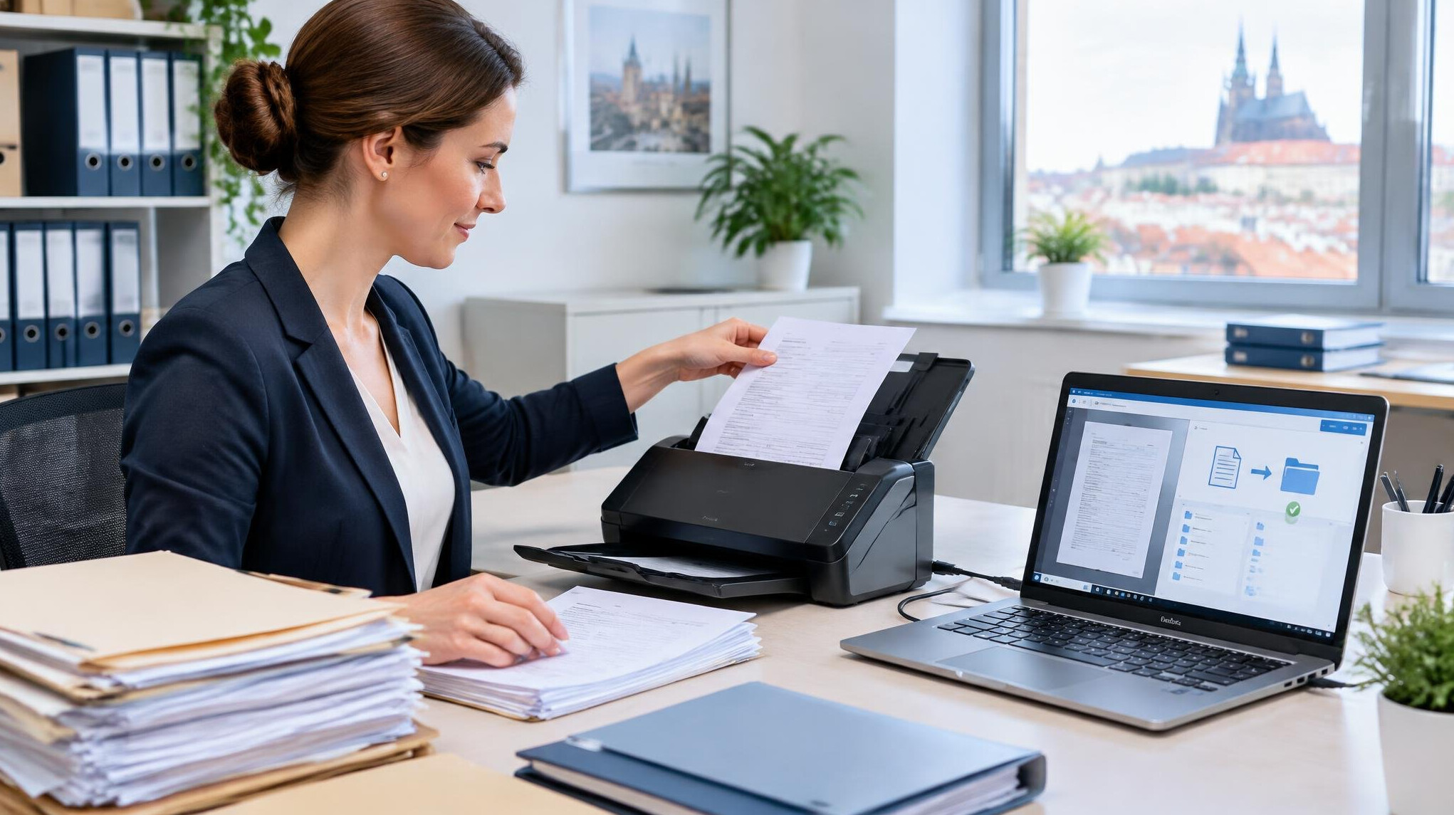 Office worker digitizing paper insurance documents