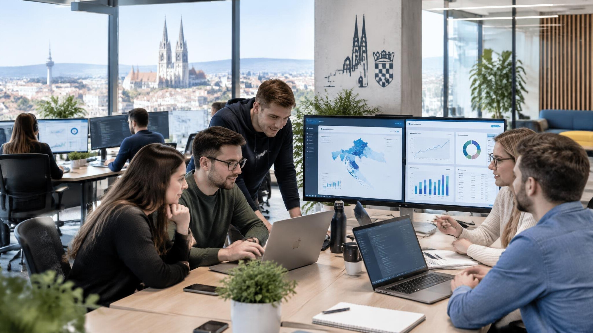 Team of software developers collaborating on insurance systems in a modern office